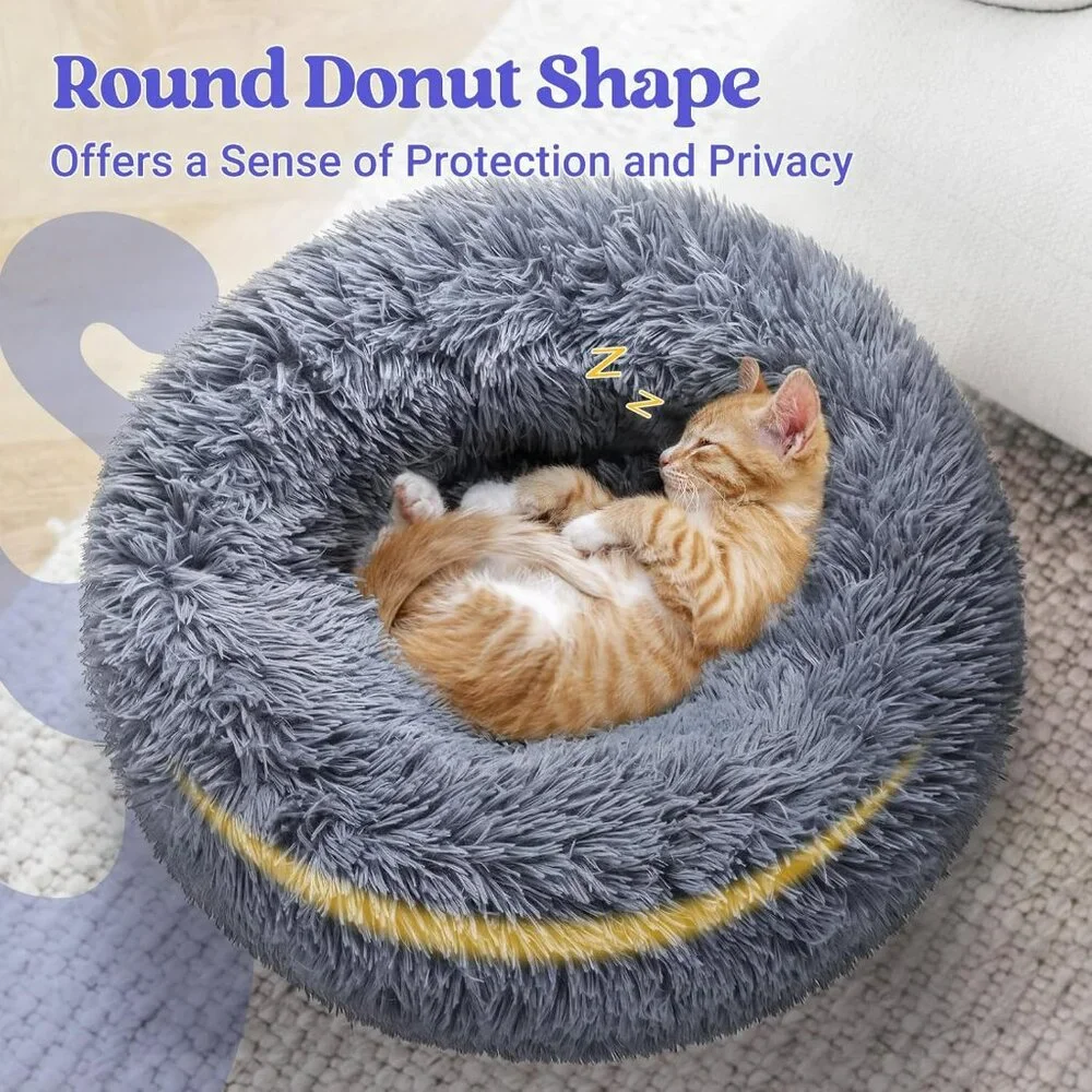 Cat Beds for Indoor Cats, 20 inches Cat Bed Machine Washable, Fluffy Round Pet B